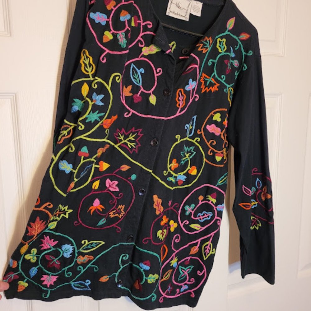 SOLD: Michael Simon Lite Embroidered Floral Johnny Was Style Top Shacket Boho L - Picture 3 of 10